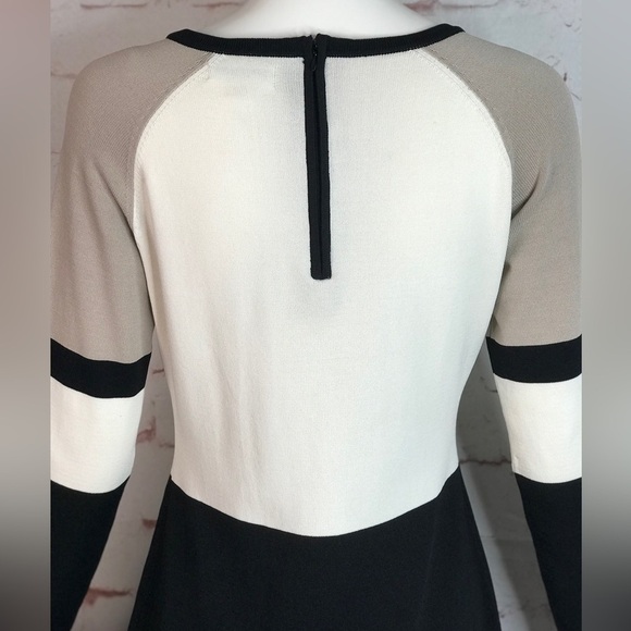 CALVIN KLEIN M Petite Colorblock Knit Long Sleeve Dress Black Taupe Cream MP - Picture 4 of 16